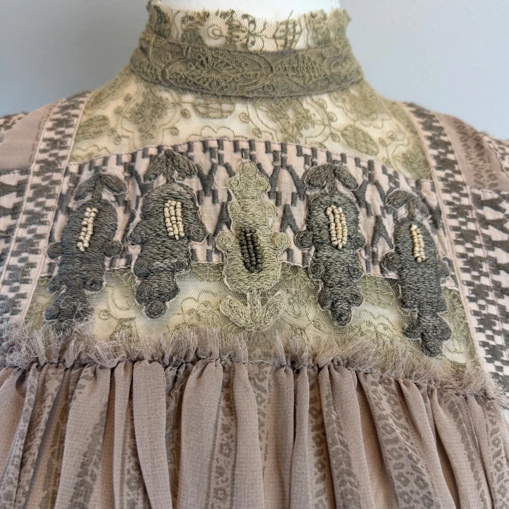 Free People XS Penny Georgette Babylon Lace Beaded Babydoll Mini Dress Mauve